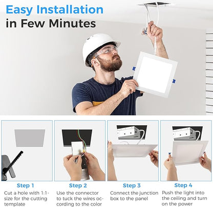 HONZIN 12 Pack 4 Inch Square Recessed Lighting, 5CCT Ultra Thin Square Recessed LED Downlight with Junction Box, 2700K/3000K/3500K/4000K/5000K Selectable, Dimmable,12W, Canless IC Rated, White Trim