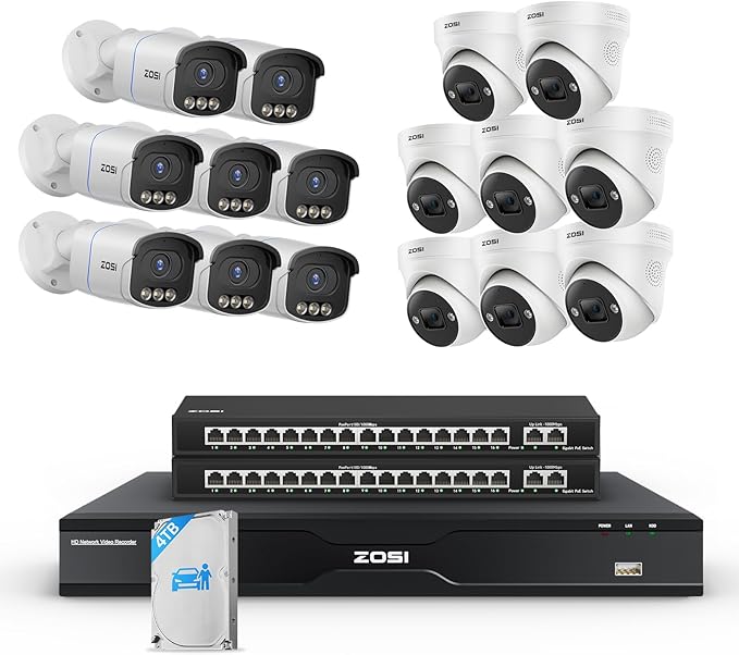 ZOSI 32CH 4K PoE Security Camera System,16 x 8MP Full Color Night Vision Outdoor PoE Cameras,Person Vehicle Detection,Spotlight Siren,2 Way Audio,32CH Business NVR with 4TB HDD for 24/7 Recording