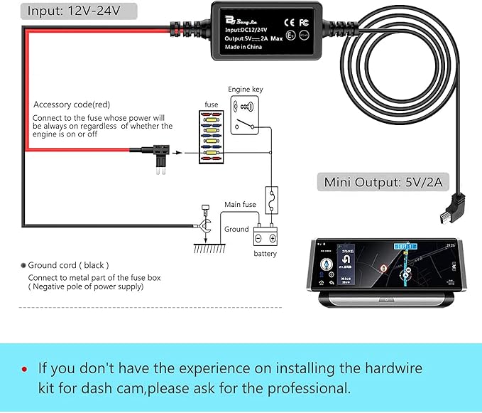 Dash Cam Hardwire Kit Mini USB Bangjia 12V-24V to 5V/2A Car Dash Camera Charger Power Cord（11.5ft
