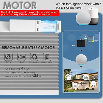 Motorized Cellular Shades with Remote Control, Blackout Electric Smart Blinds(Free Solar Panel) with Cordless, Windows Automatic Honeycomb Blinds, with Alexa Google, Grey, 32"× 64"