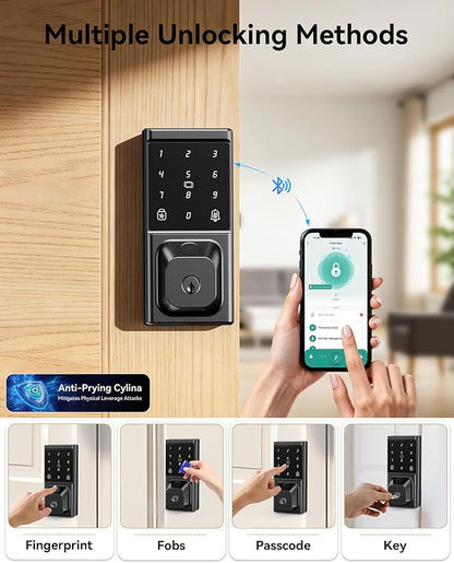 Smart Deadbolt Lock, Keyless Entry Door Lock, Fingerprint, Electronic Touchscreen Keypad, APP Control, Temporary Passcode, Auto Lock, IP54 Waterproof, Easy Install for Front Door