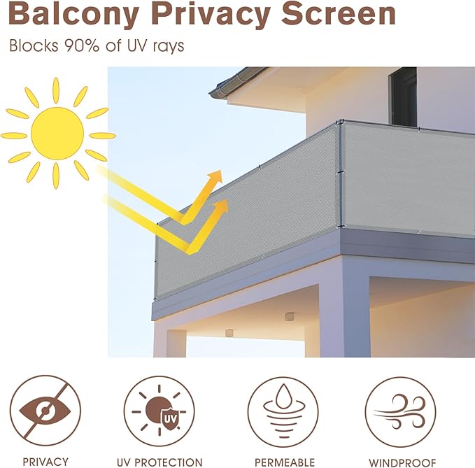 SUNNY GUARD 3.3'x19.7' Balcony Privacy Screen Fence, Apartments Railing Screen, Heavy Duty Wind Screen for Outdoor,Backyard,Patio,Deck Privacy（Light Grey）