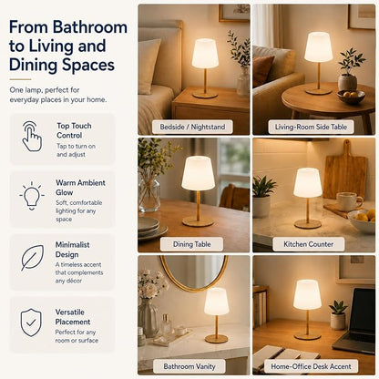 IP65 Waterproof Shower Lamp, Cordless Rechargeable Table Lamp, Wood Grain | 4000mAh Battery Operated Lamp, Spa-Like Glow for Showers, Vanity, Bedside and Patios; 3 Color Temperatures, Touch Dimming