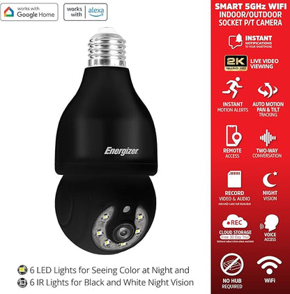 Energizer Smart Outdoor 2K QHD Security Socket Camera, 5GHz & 2.4 GHz Dual Band, Pan & Tilt Motion Tracking, 2-Way Audio, Night Vision, Recording, Instant Alerts, Voice Control with Google & Alexa,