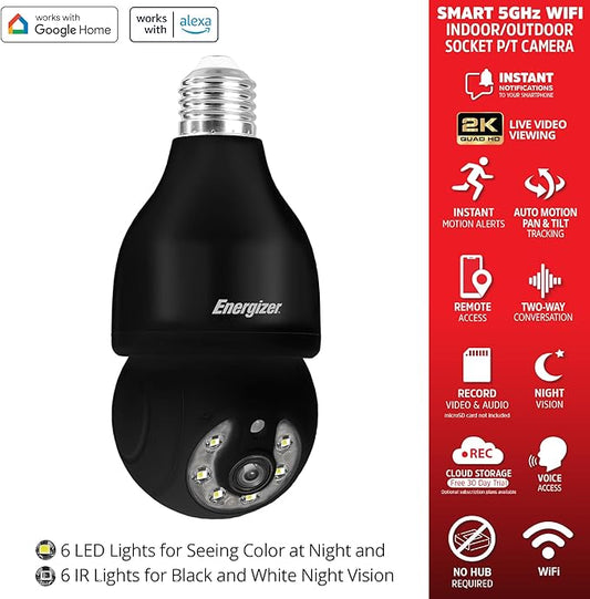 Energizer Smart Outdoor 2K QHD Security Socket Camera, 5GHz & 2.4 GHz Dual Band, Pan & Tilt Motion Tracking, 2-Way Audio, Night Vision, Recording, Instant Alerts, Voice Control with Google & Alexa,