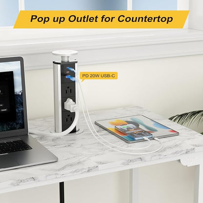 Pop Up Outlet for Countertop, Pop Up Socket with 3 AC Outlets and 2 PD 20W USB-C & 1 USB-A Ports, Pull Pop Up Power Outlet for Kitchen Conference Office, 3-3/8 Inch(85MM) Hole Grommet Power Strip