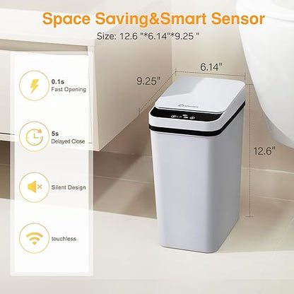 Automatic Bathroom Trash Can Touchless 2.6 Gallon Small Trash Cans with Lid Narrow Garbage Can for Kitchen, Toilet, Bedroom, RV, Living Room