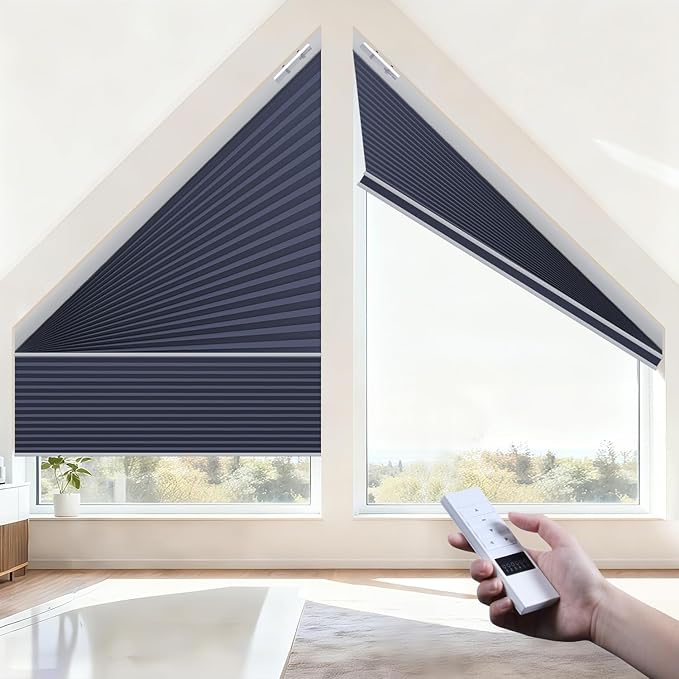 Godark Smart Angled Customized Blackout Honeycomb Blinds Suitable for Trapezoidal/Triangular/Polygonal Windows Motorized Cellular Shades Compatible with Alexa/Google Home/Tuya APP-Dark Blue