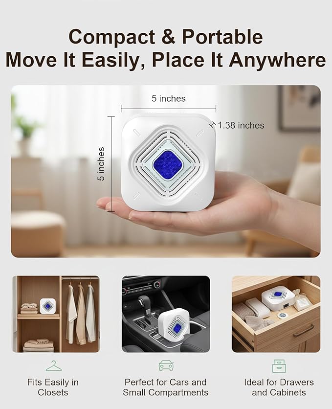 Dehumidifier for Bathroom with Color-Changing Beads, Rechargeable Small Dehumidifier for Closet, Portable Gun Safe Dehumidifier Ideal for Spaces up to 35 Sq.Ft Coverage, Quiet Operation