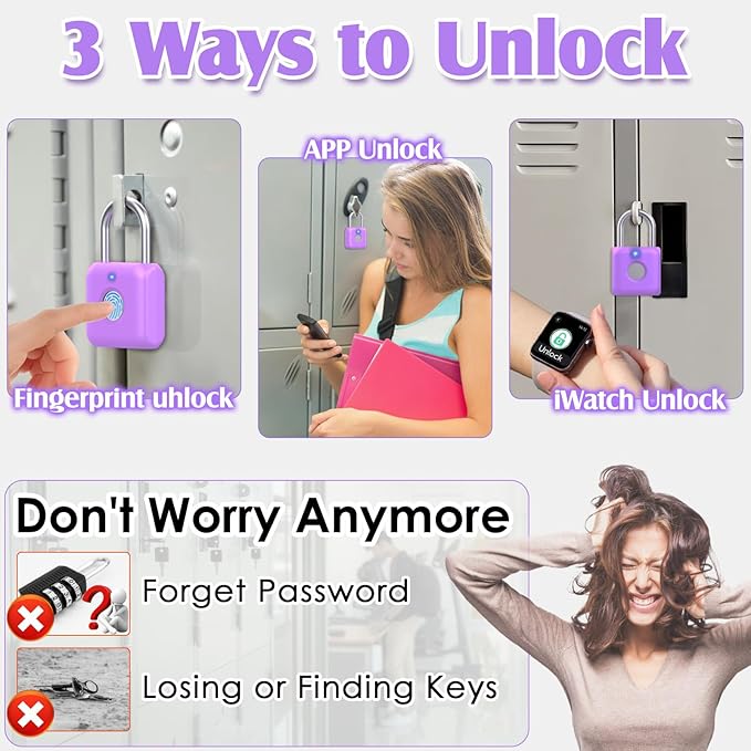 Pothunder Fingerprint Padlock, Smart Padlock, Locker Lock, Combination Fingerprint Lock with APP Unlock, USB Rechargeable, Suitable for Gym Locker(Lavender Purple)
