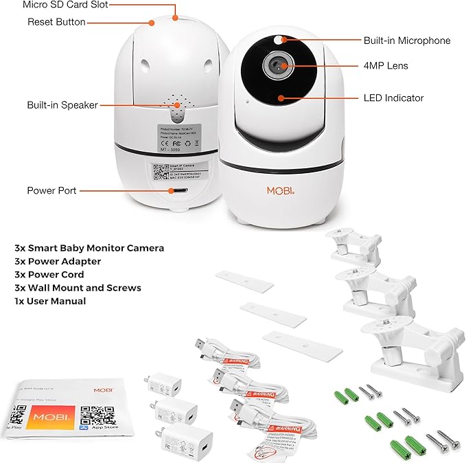 MobiCam HDX Wi-Fi Pan & Tilt Smart Nursery, Elderly & Home Monitoring Camera, 1080p HD Indoor Security Night Vision IP Camera, Motion Detection, Two-Way Audio, Cloud & SD Card Storage - (3-Pack)