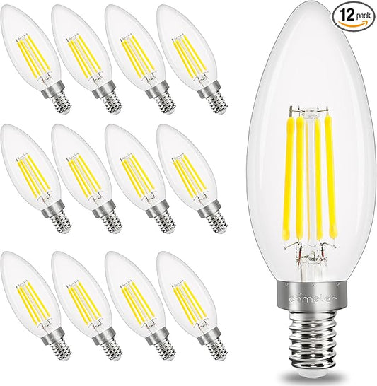 comzler E12 LED Candelabra Bulb Dimmable, 5000K Daylight, 4Watt 40W Equivalent, Type B Chandelier Light Bulb, B11 Edison Filament for Ceiling Fan, 400LM, Pack of 12