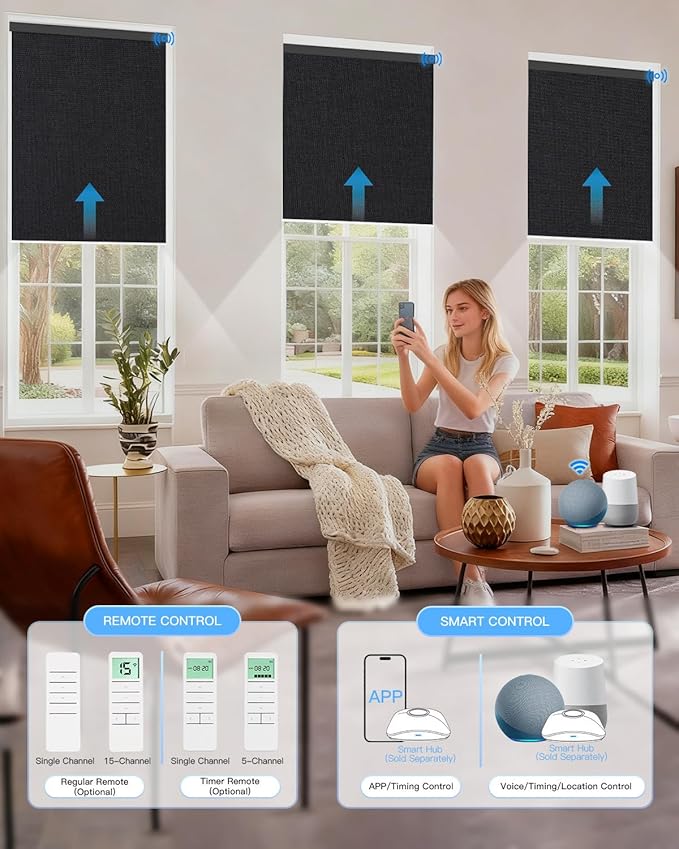 Tokblind Motorized Roller Shade with Remote Control, Blackout Electric Shade for Windows Compatible with Alexa Google via Hub, Rechargeable Smart Window Blind for Home Office (Fabric Black)