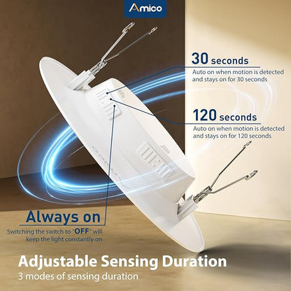 Amico 1 Pack 5/6 inch Motion Sensor Recessed Light, 12.5W=100W, 950LM, 2700K/3000K/4000K/5000K/6000K Selectable, LED Retrofit Can Lights, IC Rated - ETL & FCC, White