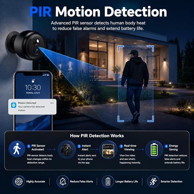 Wireless Indoor Security Camera, Battery Powered 2K QHD WiFi Camera with PIR Human Detection, Night Vision, Motion Alerts, Up to 60-Day Battery Life, Baby Monitor & Pet Camera for Home Security