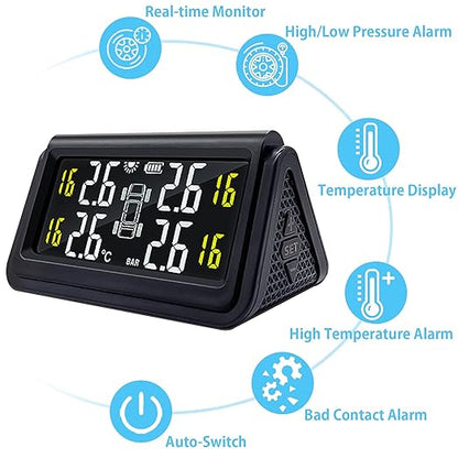 Tire Pressure Monitoring System for Cars with 4 Auto Alarm Modes, Solar Charge, Wireless Smart Real-time, 4 IP67 Waterproof Anti-Theft External TMPS Sensors (0~50psi/0~3.5bar)