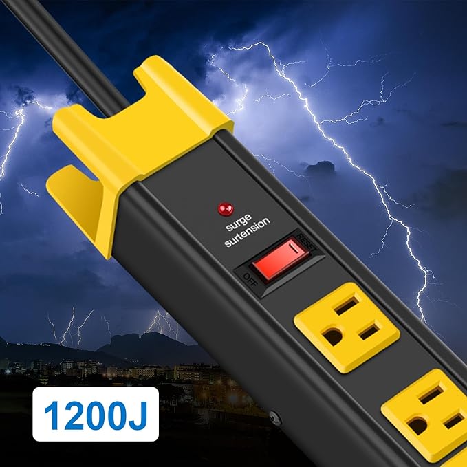 CCCEI Heavy Duty Power Strip Surge Protector - 6 Outlet Industrial Strip with 15A, 1200 Joules - ETL Listed Metal for Shop, Workshop, Garden (10FT, Black)