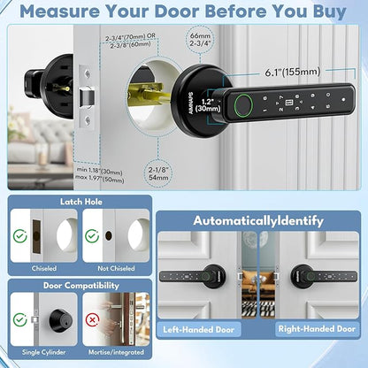 Fingerprint Door Lock, Door Locks for Bedroom, Keyless Entry Door Knob with Handle,Generate Passcode App Remotely-Smart Door Lock for Apartment, Office-Black
