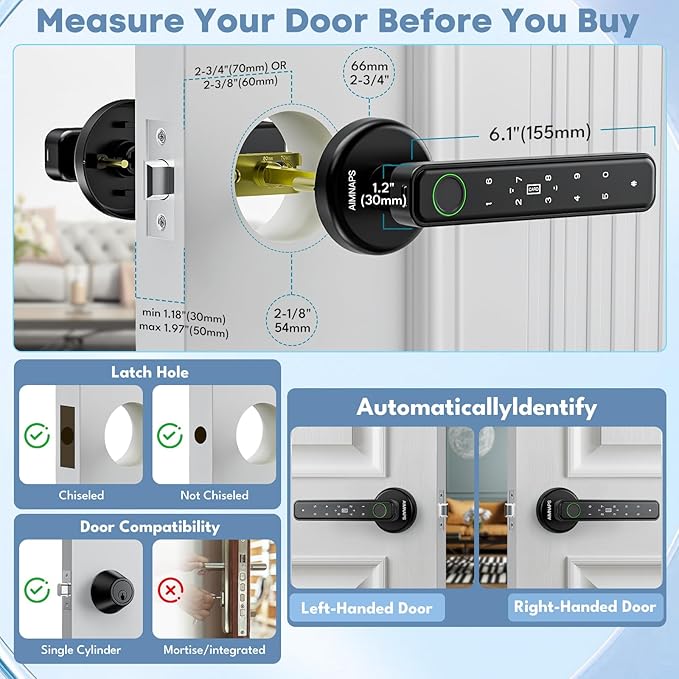 Smart Fingerprint Door Lock, Door Locks for Bedroom, Keyless Entry Door Knob (Fingerprint/Code/Key) Auto Lock for Apartment, Office-Black