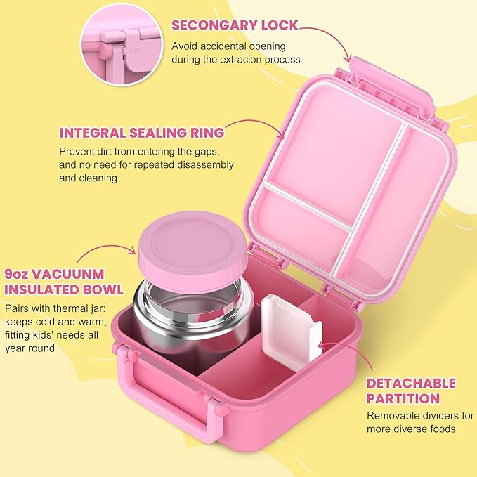 JOOPETALK Bento Lunch Box Set for Kids with 9oz Soup Thermo, Insulated Lunch Bag,Leak-proof BPA-free Lunch Food Container with 3-4 Conpartments for School Travel-Pink