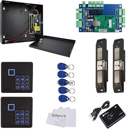 2 Doors Smart Access Control for Fire Exit Door Rim Exit Devices with Push Bar Electric Strike Lock RFID Keypad Reader 110V Power Supply Box Keychains Cards(Phone APP Remote Open Door)