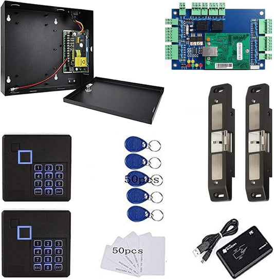 2 Doors Smart Access Control for Fire Exit Door Rim Exit Devices with Push Bar Electric Strike Lock RFID Keypad Reader 110V Power Supply Box Keychains Cards(Phone APP Remote Open Door)