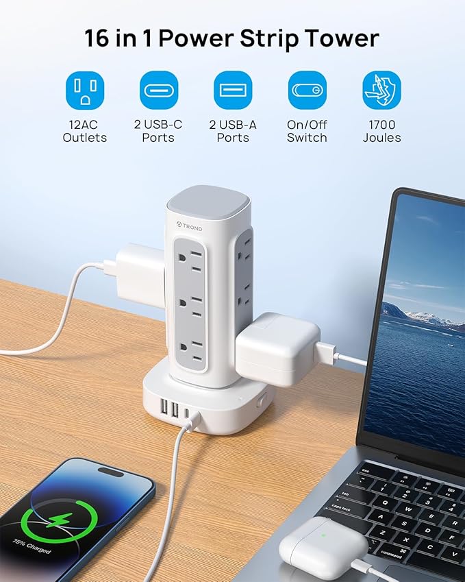 TROND Surge Protector Power Strip Tower - 15ft Flat Plug Extension Cord with Multiple Outlets, 4 USB Ports, Vertical Charging Station, 1700 J, Home Office Desk Supplies, Dorm Room Essentials, White