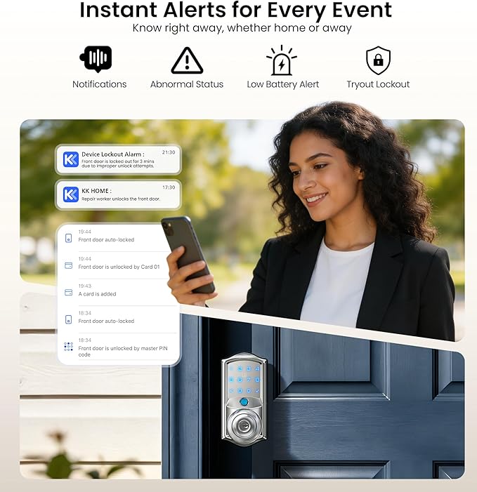 Veise VE028 Built-in Wi-Fi Smart Lock with Knob, Fingerprint Keyless Entry with Handle, App Remote & Voice Control, Electronic Digital Keypad for Front Door and Bedroom, IP65 Waterproof, Satin Nickel