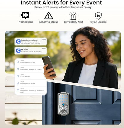 Veise VE028 Built-in Wi-Fi Smart Lock with Knob, Fingerprint Keyless Entry with Handle, App Remote & Voice Control, Electronic Digital Keypad for Front Door and Bedroom, IP65 Waterproof, Satin Nickel