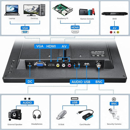 Haiway 13.3 inch Security Monitor, 1366x768 LED Monitor Small HDMI Monitors with Remote Control Built-in Speakers, Mini Monitors HDMI VGA AV BNC USB Input for CCTV Raspberry Pi PC Fire Stick Gaming