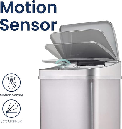 Ninestars 13 Gallon Automatic Trash Can, 50L Touchless Motion Sensor Garbage Can with Odor-Sealing Lid, Rectangular Stainless Steel, Silver Trim