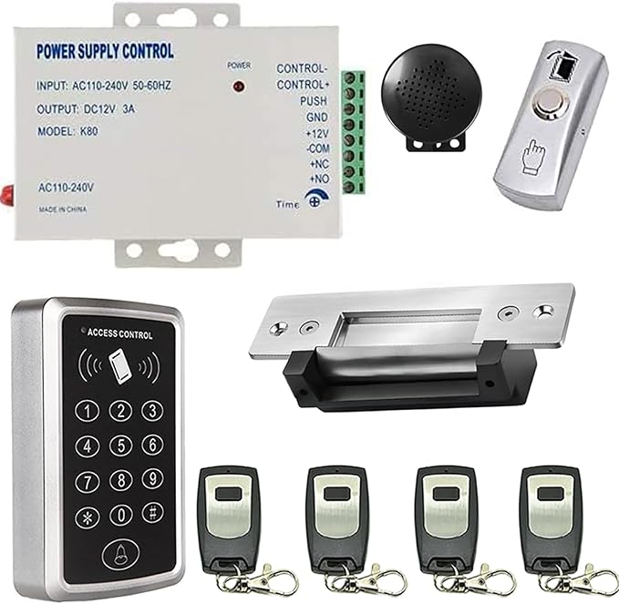 4 Remote Control Strike Lock PIN Keypad Access Control Kit 110-240V Power Supply Unit Push to Exit Button Buzzer Sounder for Visitor in