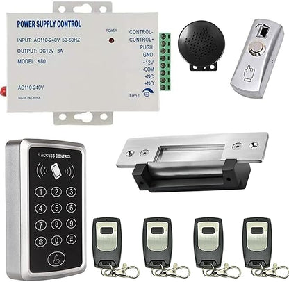 4 Remote Control Strike Lock PIN Keypad Access Control Kit 110-240V Power Supply Unit Push to Exit Button Buzzer Sounder for Visitor in