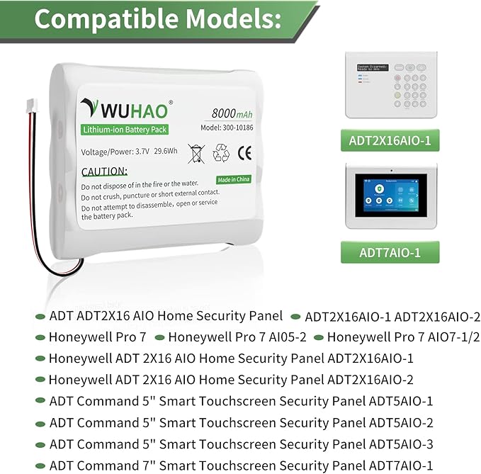 WUHAO 2 Pack for ADT Replacement Battery 300-10186 Upgraded 8000mAh for ADT Command Smart Security Panel 3.7V