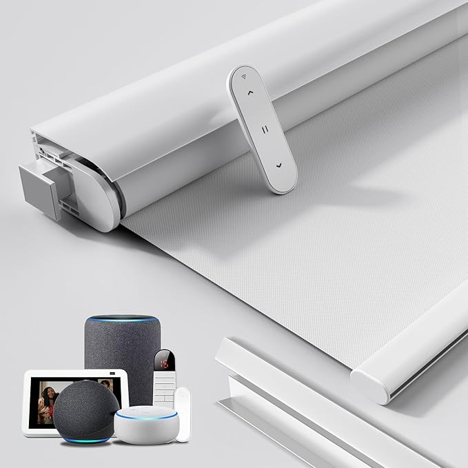 Grandekor No-Drill No Tools Motorized Blinds with Remote | 65x58 White Electric Blackout Smart Roller Shade/APP/Voice Control-for Home Office, Living Room