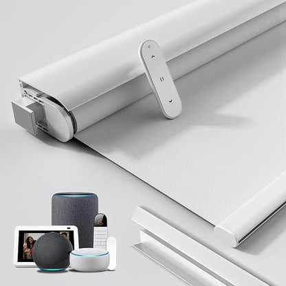 Grandekor No-Drill No Tools Motorized Blinds with Remote | Electric Blackout Smart Roller Shade/APP/Voice Control-for Home Office, Living Room, Customize Color Size