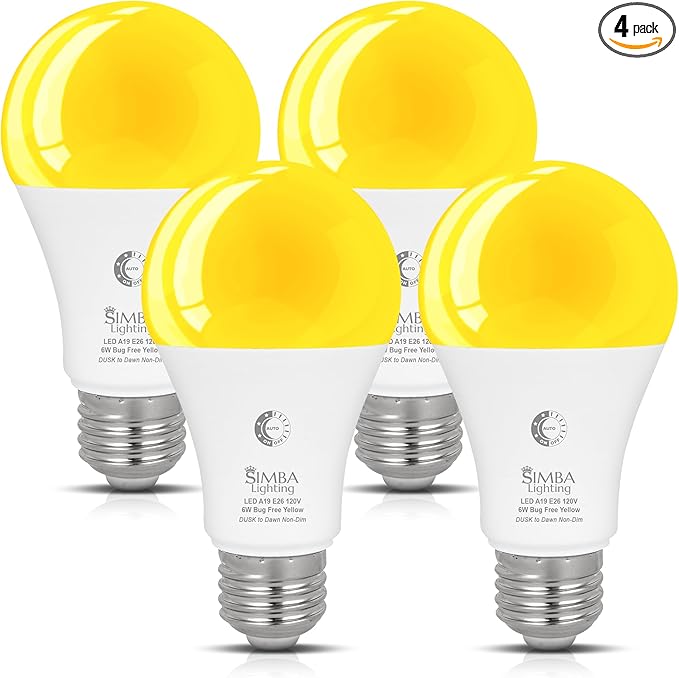 Simba Lighting Bug Non-Attracting Yellow LED Bulb 6W 40W Equivalent (4 Pack), Great for Outdoor Porch Light, Night Light, Dusk-to-Dawn Smart Sensor Auto On/Off, Amber Warm Light, A19 E26 Medium Base