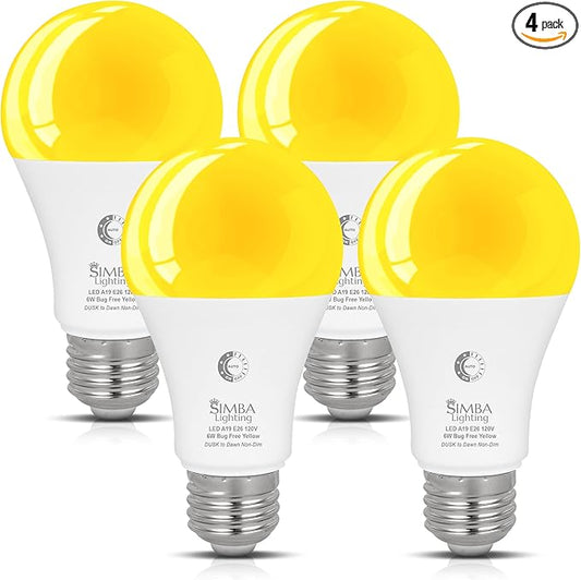 Simba Lighting Bug Non-Attracting Yellow LED Bulb 6W 40W Equivalent (4 Pack), Great for Outdoor Porch Light, Night Light, Dusk-to-Dawn Smart Sensor Auto On/Off, Amber Warm Light, A19 E26 Medium Base