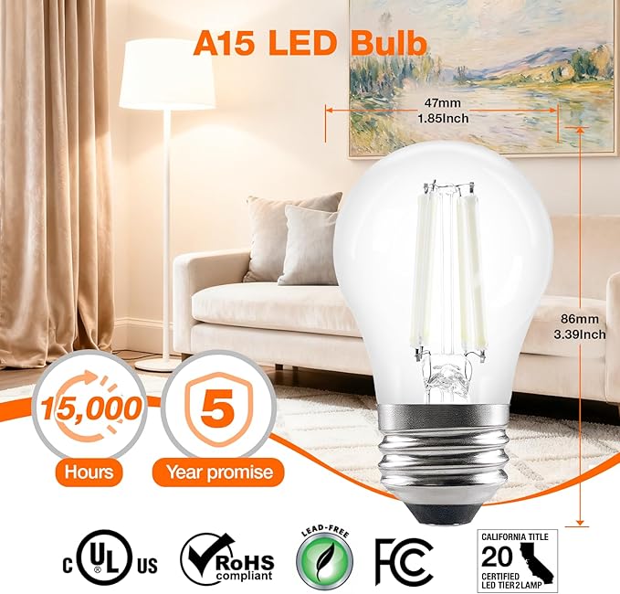 Sylvania LED White Filament Refrigerator Light Bulb, Soft White 2700K, A15 Fridge Light Bulb, Appliance Bulb for Ceiling Fan Light Bulbs, 60W, Dimmable, 750 LMS, Medium Base - 2 Pack (42247)