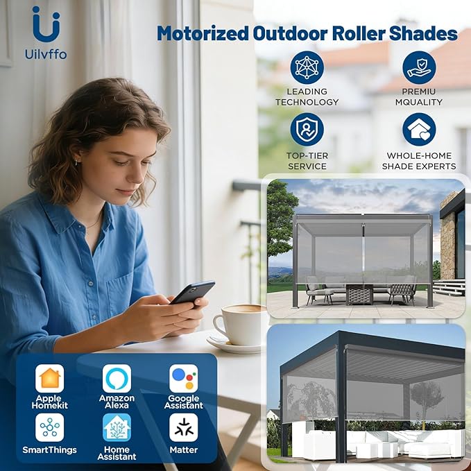 Motorized Outdoor Shades, Custom Patio Roller Blinds with Remote, Smart Exterior Sun Shades Compatible with Alexa, HomeKit, Google Home (5% Openness Grey)