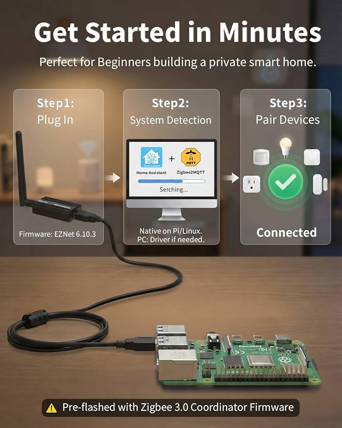 Zigbee 3.0 USB Dongle Plus-E (ZBDongle-E) Kit with 1.5m Shielded Extension Cable | Solves USB 3.0 Interference | EFR32MG21 Coordinator +20dBm for Home Assistant (ZHA), Zigbee2MQTT & Local Hub