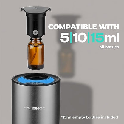 HAUSHOF Waterless Essential Oil Diffuser for Home & Car, Smart Aromatherapy Scent Diffuser with Auto On/Off, 3 Mist Levels & 3 Color Lights, Rechargeable Portable Design, Premium Silver Metal Finish