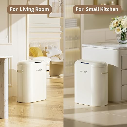 MRBIN Metal Kitchen Motion Sensor Trash Can with Lid, 10.5 Gallon Slim Automatic Waste Basket Touchless, Medium Commercial Covered Garbage Pail for Narrow Office, Bathroom, Dorm, Cream White