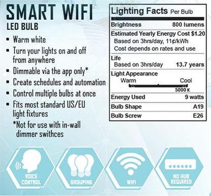 XTREME Smart Wi-Fi Dimmable Warm White LED Light Bulb, 1 Bulb, A19, E26, Mobile App Control, 9 Watt