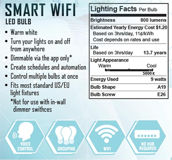 XTREME Smart Wi-Fi Dimmable White + Multi Color LED Light Bulb, 1 Count, A19, E26, 9 Watt, Mobile App Control