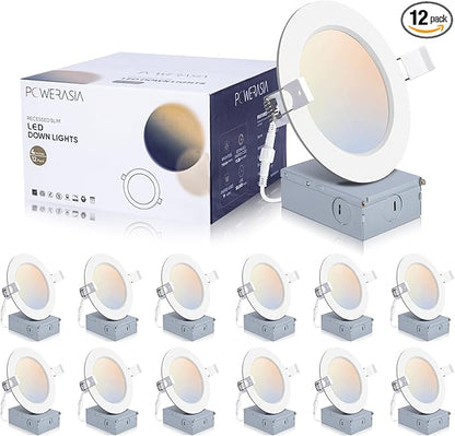 POWERASIA 12 Pack 4 Inch Ultra-Thin LED Recessed Ceiling Light with Junction Box, 5CCT Dimmable 2700K/3000K/4000K/5000K/6000K, 9W 850lm Can Killer Downlight-ETL and Energy Star Certified