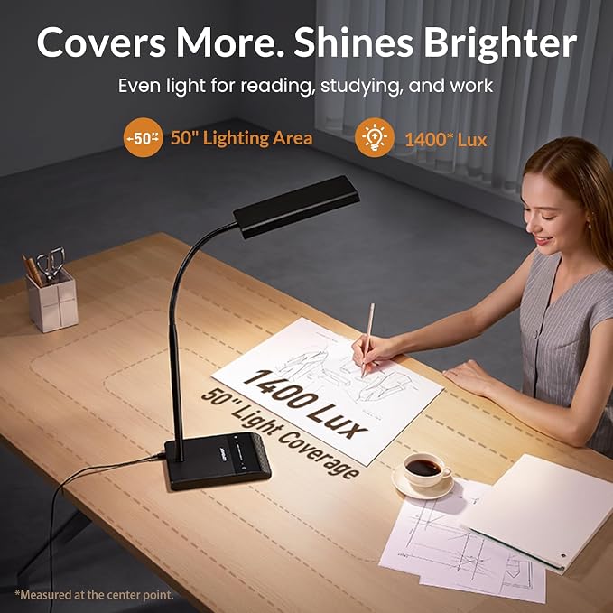 LEPOWER Desk Lamp, 800LM LED for Home Office, True Eye-Caring for Reading | 50 Lighting Modes, 2X Wider Panel, 360° Flexible Gooseneck, Touch Control, 12W Bright Table Lamp for Dorm, Bedroom, Study