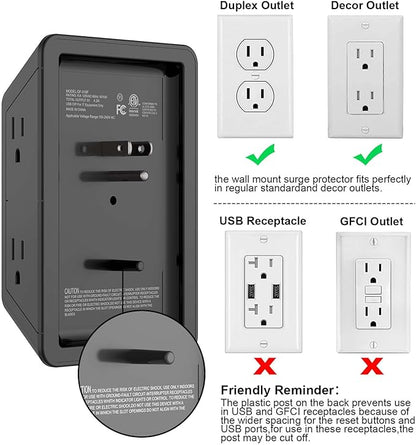 Outlet Extender, Surge Protector Outlet with 5-Multi Plug Outlet and 4 USB Ports(2 USB C), 3-Sided 1680J Power Strip Wall Charger, Multiple-Plug Outlet Splitter for Home Travel Office,ETL Listed,Black