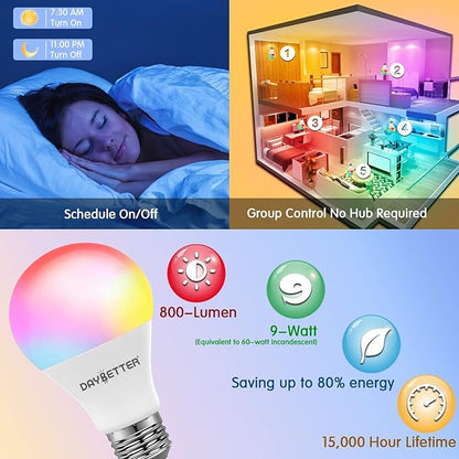 DAYBETTER WiFi Color Changing Smart Bulbs, Alexa & Google Home Compatible, Music Sync, A19/E26 9W 810LM Smart Home Lighting, 2 Pack