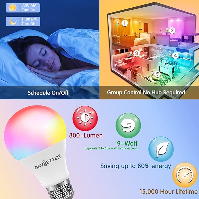DAYBETTER Smart Light Bulbs, Alexa Light Bulb, WiFi Light Bulbs, RGBCW Color Changing Light Bulb A19 9W 800LM, Smart Bulbs that Work with Alexa & Google Assistant, Music Sync, No Hub Required, 6 Pack